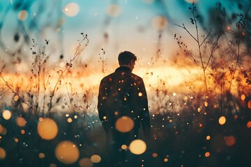 Wall Mural - Silhouette of a man walking through a field at sunset with bokeh light effect.