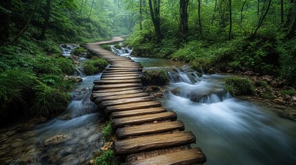 Canvas Print - Wooden Bridge Across a Stream in a Lush Forest