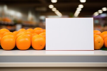 White banner in blank with copy space and oranges as background in the supermarket