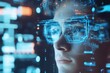 © atar - Man wearing futuristic augmented reality glasses, looking at digital interface. Concept of virtual reality, technology, innovation, metaverse.