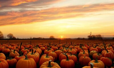 a vast giant pumpkin patch field at sunset in fall, with golden-orange skies casting a warm glow ove