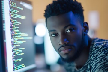 Focused young programmer working late at night, coding on a computer screen. Software development, cybersecurity, web design concept