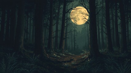 dark forest minimalist illustration eerie scary background