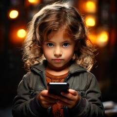 A young child intensely focuses on a smartphone in a dimly lit environment, with soft glowing lights in the background. The scene highlights technology's impact on modern childhood and immersive