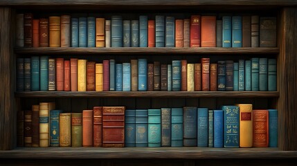 Vintage wooden bookshelf holds a rainbow of colorful book spines picture