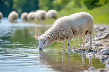 Sheep at a lake Grazing animals in European fields