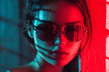 Sticker - Woman with sunglasses in neon light, red and blue light, fashion portrait