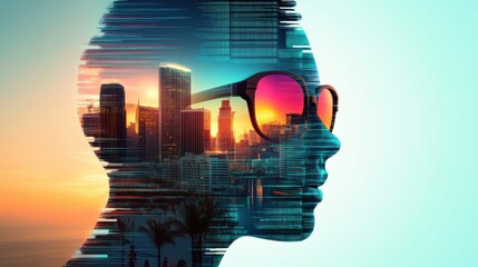 A creative double exposure image of a person with sunglasses reflecting a vibrant cityscape and sunset, symbolizing urban lifestyle.