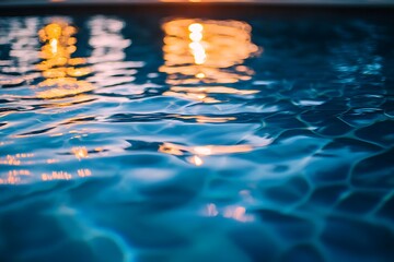 Wall Mural - Close up of Rippling Water Surface in Swimming Pool with Warm Light Reflection