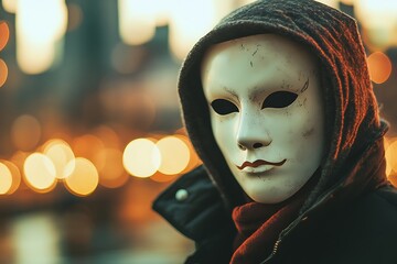 Mysterious Person Wearing a White Mask in a City at Night