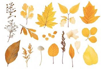 variety of pressed yellow leaves and flowers are lying on a white background, creating a beautiful a