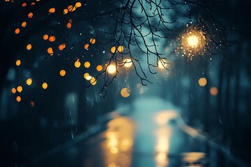 Poster - Rainy Night Abstract Bokeh Background with Tree Branches and Lights