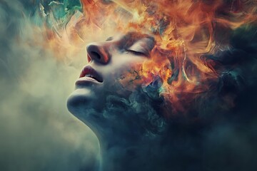 Wall Mural - Abstract Surreal Portrait of a Woman with Colorful Smoke Erupting from her Head