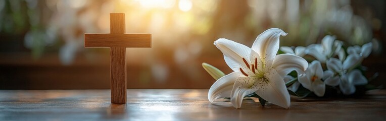 Wooden cross and white lily symbolizing Easter