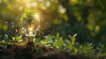 Dynamic Light Bulb with Tree Growing Inside: Symbolizing Eco-Innovation and the Concept of Green Energy