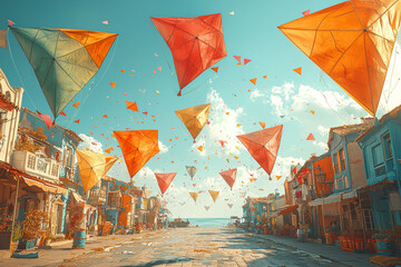 Poster - A whimsical scene of colorful kites soaring against a clear, sunny sky. Concept of fun and freedom through color.