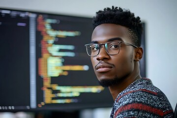 focused young black programmer looking at camera in front of computer screen with code. concept of c