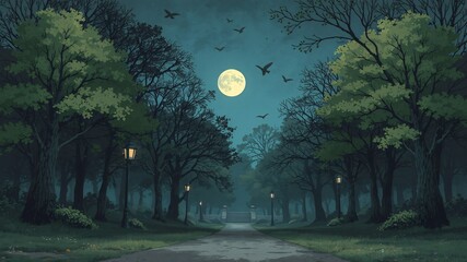 Wall Mural - dark park minimalist illustration eerie scary background