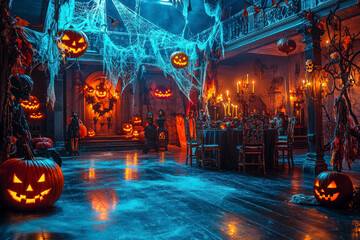 Wall Mural - Interior of hall decorated for Halloween party. Banner for design.