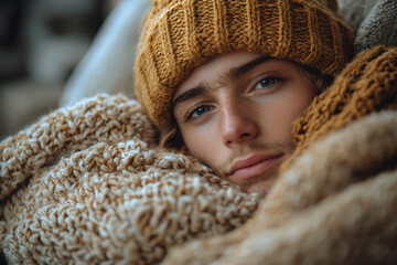 Sticker - A person laying on the couch with a warm blanket, battling chills from a flu infection. Concept of resting to recover from seasonal illness.