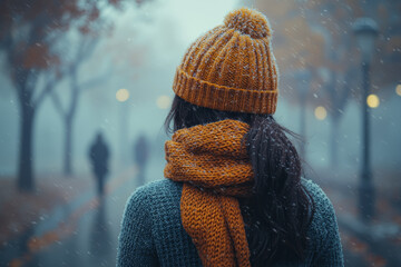 Canvas Print - A person in a thick scarf and hat, walking through the foggy streets, trying to avoid catching a cold. Concept of protecting oneself from autumn illnesses.