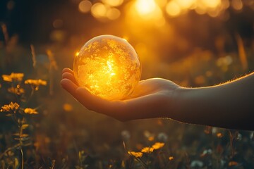 Hand holding glowing Earth globe at sunset. Environmental concept of global warming, climate change, and sustainability