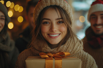 Canvas Print - A group of friends exchanging Secret Santa gifts, with laughter and surprises. Concept of fun and the joy of giving among friends.