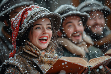 Wall Mural - A group of carolers singing joyfully on a snow-covered street, spreading holiday cheer to passersby. Concept of music bringing people together during the holidays.