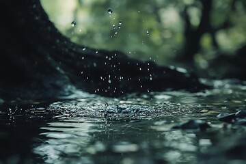 Sticker - Closeup of raindrops splashing in a puddle on a forest floor. Green, nature, water, rain, environment,  drops, puddle, wet, natural, outdoor