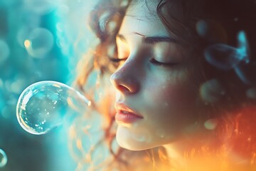 Sticker - Woman blowing a bubble in a dreamlike, ethereal setting with vibrant colors and soft light