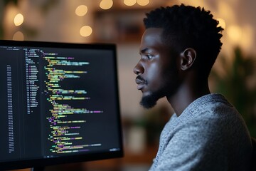 Focused young black man programmer coding late at night in front of computer