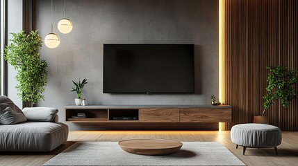 a sleek, wall-mounted tv unit with a minimalist design and a hidden storage compartment, situated in