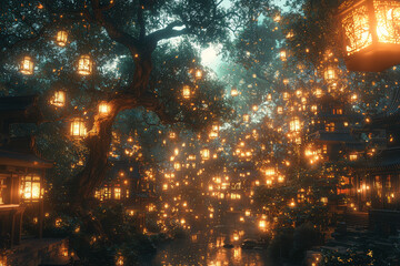 Canvas Print - An enchanted forest with glowing trees and floating lanterns appearing in the middle of a crowded urban plaza, transforming the cityscape into a fairytale realm.