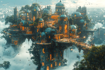 Wall Mural - A surreal carnival of floating islands and whimsical rides suspended in the clouds above a busy metropolitan area. Concept of fantastical amusement blending with urban life.