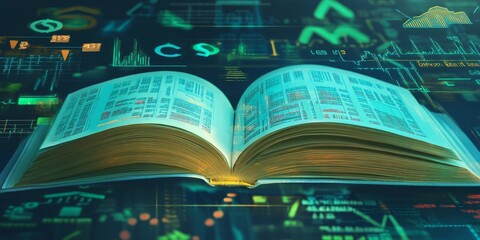 An open book displays financial data and graphs in an engaging style. This image combines education with finance. Perfect for educational content or financial promotions. AI.