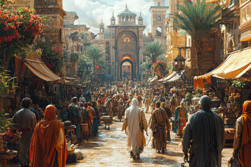 Wall Mural - a seamless portal between two worlds opens in the middle of a busy street, allowing people to step f