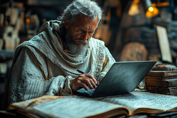 Wall Mural - A medieval scribe meticulously working on a laptop, surrounded by ancient manuscripts and modern office supplies. Concept of historical practices integrated with current technology.