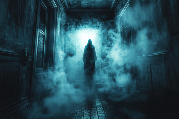 Sticker - A lone figure standing in a dimly lit room, with a misty apparition visible in the corner, creating an unsettling atmosphere. Concept of ghost sightings and paranormal encounters.