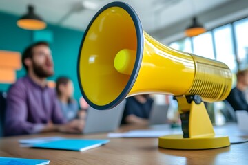 Yellow megaphone on table in conference room, blurred business people in background. Concept of announcement, public speaking, communication, and leadership