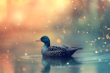 Wall Mural - Blue duck swimming in water with golden sunset bokeh background