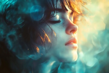 Wall Mural - Closeup portrait of young woman with ethereal glow, colorful abstract background, digital art