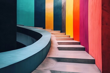 Wall Mural - Abstract colorful stairs with rainbow stripes on wall, modern interior design