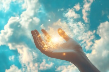 Hand reaching up towards a bright light in the sky, symbolizing hope, faith, and spirituality