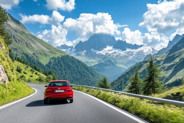 Wall Mural - Red car driving on nature road between green mountains in summer. Nature landscape on highway for summer vacation travel. Mountain road view on beautiful nature trip in Europe. car drive highway, ai