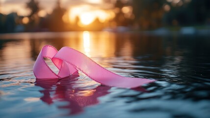 Poster - A pink ribbon floats on water during a serene sunset.