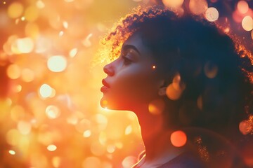 Wall Mural - Silhouette of a young woman with curly hair against bokeh background