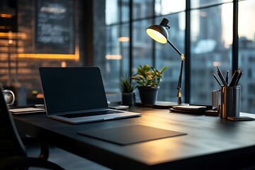 Canvas Print - Modern minimalist office desk workspace with laptop, lamp, and plants