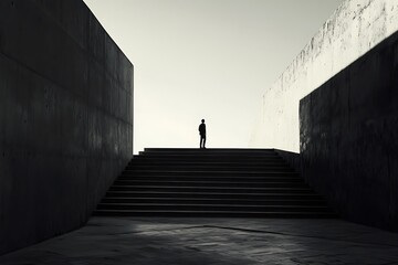 Poster - Silhouette of Man Standing on Stairs Leading to Bright Light in Concrete Corridor. Concept of Hope, Opportunity, Future, Choice, Decision, and Path.