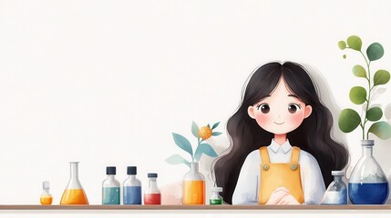 Cheerful girl in a lab with colorful liquids and plants, showcasing creativity in science and nature for educational themes.