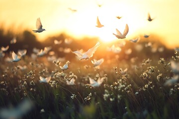 White doves flying in field at sunset. Hope, freedom, peace, spirituality, nature, hope concept